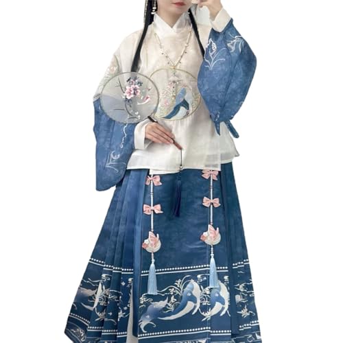 SHFOHGKJ Chinesisches Hanfu for Damen, Hanfu-Robe aus der Ming-Dynastie mit Rundhalsausschnitt, besticktem Pipa-Ärmel, Pferdegesichtsrock, Kleid im Nationalstil (M)(Large) von SHFOHGKJ