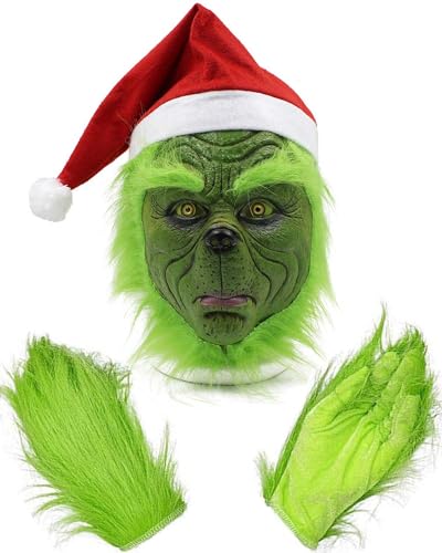 SHIFANQI The Grinch Monster-Maske Handschuhen, Weihnachtsmannmütze, grünes Gesicht, Weihnachtsmaske, Kostüm, Cosplay, Latex-Kopfmaske für Erwachsene Einheitsgröße von SHIFANQI