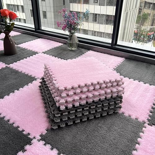 10 Stück Spielmatte aus Plüschschaum, quadratisch, langflorig, Puzzlematte für Spielzimmer, 30 x 30 x 1 cm, Grau und Rosa von SHIJHUI