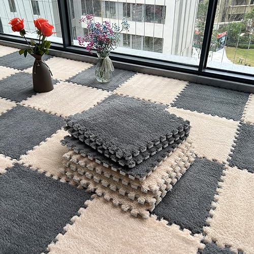 10 Stück Spielmatten aus Plüschschaum, quadratisch, langflorig, Puzzlematte für Spielzimmer, 30 x 30 x 1 cm, Grau Beige von SHIJHUI