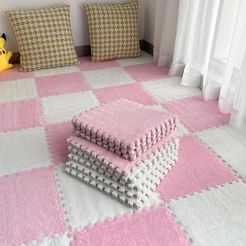 10 Stück Spielmatten aus Plüschschaum, quadratisch, langflorig, Puzzlematte für Spielzimmer, 30 x 30 x 1 cm, Rosa und Weiß von SHIJHUI