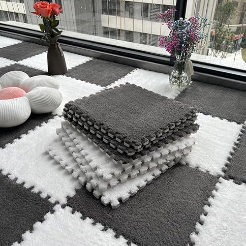 Spielmatten, 10 Stück, flauschiger Schaumstoff, quadratischer Bodenschutz, langhaarig, Puzzle, Spielzimmer, 30 x 30 x 1 cm, Grau und Weiß Spielmatten, 10 Stück, flauschiger Schaumstoff, quadratischer Bodenschutz, langhaarig, Puzzle, Spielzimmer, 30 x 30 x 1 cm, Grau und Weiß von SHIJHUI