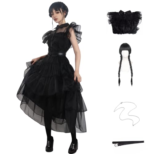 Familie Mittwoch Kostüm Schule Party Tanz Schwarz Kleid Vintage Goth Cosplay Halloween Outfit für Frauen Mädchen (L-Kleid-Perücke) von SHIKI