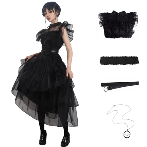 Familienkostüm Wednesday Vintage Goth Schwarz Rabe Tanzkleid Cosplay Damen Mädchen Tüll Spitzenrock Halloween Party Outfit (M-Kleid) von SHIKI