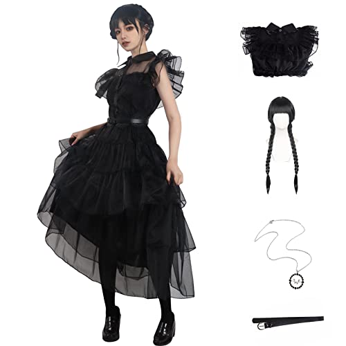 Familienkostüm Wednesday Vintage Goth Schwarz Rabe Tanzkleid Cosplay Damen Mädchen Tüll Spitzenrock Halloween Party Outfit (XL-Perücke) von SHIKI