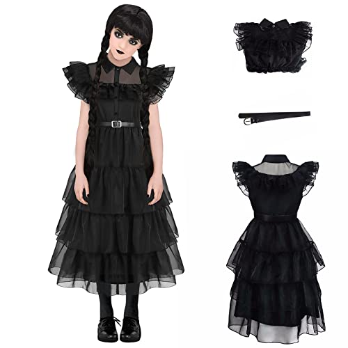 Merlina Kostüm Damen Rabe Ballkleid Vintage Gothic Schwarz Cosplay Mädchen Rock mit Tüllspitze Halloween Party Outfit (110, Kleid) von SHIKI