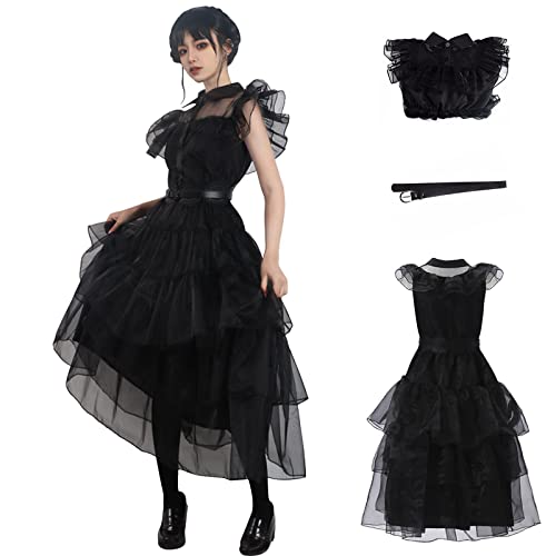 SHIKI Familie Addams Mittwoch Kostüm Vintage Party Tanz Schwarz Kleid Goth Cosplay Halloween Outfit für Frauen (3XL-Kleid) von SHIKI