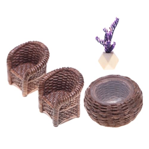 SHINEOFI Miniatur Puppenhaus Esszimmer Möbel Handgefertigter Rattan Tisch und Stühle Realistisches Wicker Sofa Strapazierfähig und Detailgetreu für Kreative Rollenspiele von SHINEOFI