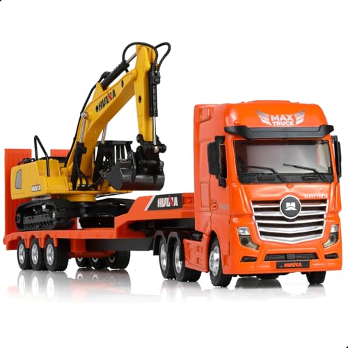 SHINESIGNAL Sattelzug Spielzeug mit Anhänger, 1/50 Maßstab Druckguss Metall LKW Modell, Sammlerstück Geschenke für Jungen & Erwachsene (Sattelzug & Bagger Set-Orange) von SHINESIGNAL