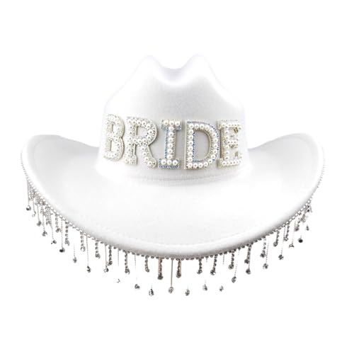 Filz-Cowboyhut für Damen, Strass, Brautschmuck, Cowgirl, Junggesellinnenabschied, Halloween-Kostüm, Western-Kostüm, mit glitzernden Konzerten, speziell, weiß, Größe 4 von SHINROAD