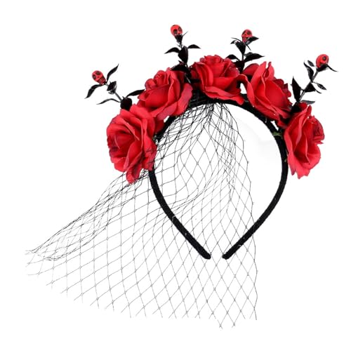 SHINROAD Einzigartige Halloween Charm Stirnband Mysteriöses Rose Kopfstück Haarband Künstliche Mesh Festival Kopfbedeckung Party Make -up Haarzubehör Frauen Frauen Rot von SHINROAD