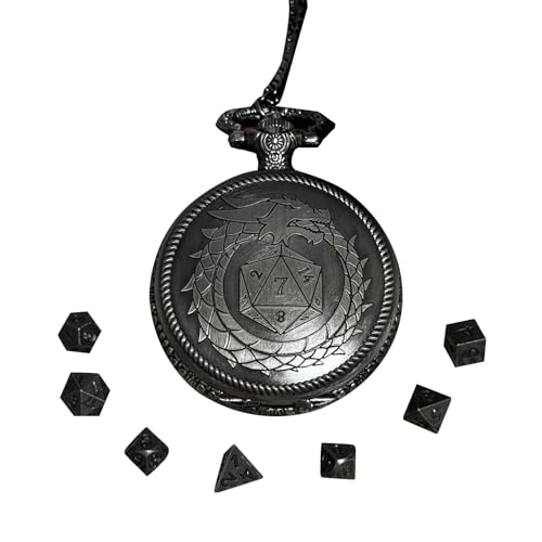 SHINROAD Einzigartiges Design RPG Würfel, rustikale Farbe, Drachen-Gravur, Taschenuhrgehäuse mit 7 polyedrischen Metall-DND-Würfeln, kompakte Größe, Tischplatte C von SHINROAD