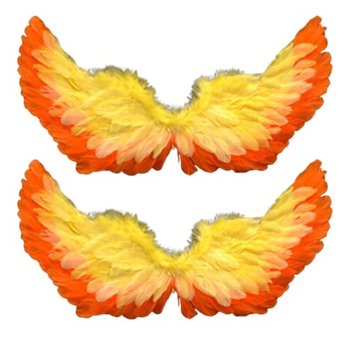 SHINROAD Elastisches Band, Engelsflügel-Kostüm, 2 Stück, Feder für Damen und Mädchen, leicht, verstellbare Riemen, 60 cm, Fee, Halloween, Cosplay, Bühnenaufführung, Orange / Gelb von SHINROAD