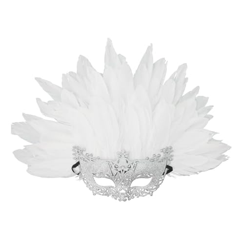 SHINROAD Feder-dekorative Maske, Maskerade für Frauen, venezianisches halbes Gesicht mit Karneval, Abschlussball, Ball, festliche Party-Dekoration, verstellbarer Riemen, abnehmbar, Weiß von SHINROAD