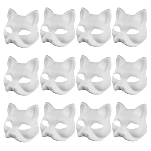 SHINROAD Handgemalbte Cosplay-Katze Masque DIY Weiß für Künstler 03.03.10/10/12/20 PCs Masques Maskengesicht mit Fester Farbe Carnival Party Ball Masquerade Halloween Kostüm 12pcs von SHINROAD
