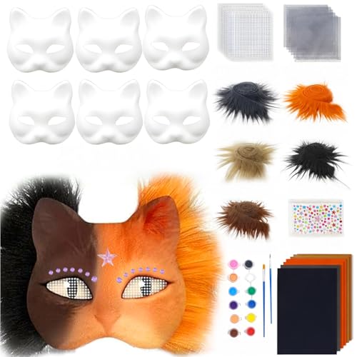 SHINROAD Kreative Maskerade Masque Diy Cat Kit 6pcs leere Masken für Handmalerei Pelz Augennetz Filzblätter Tierzubehör Carnival Cosplay Cat-themed Braun von SHINROAD