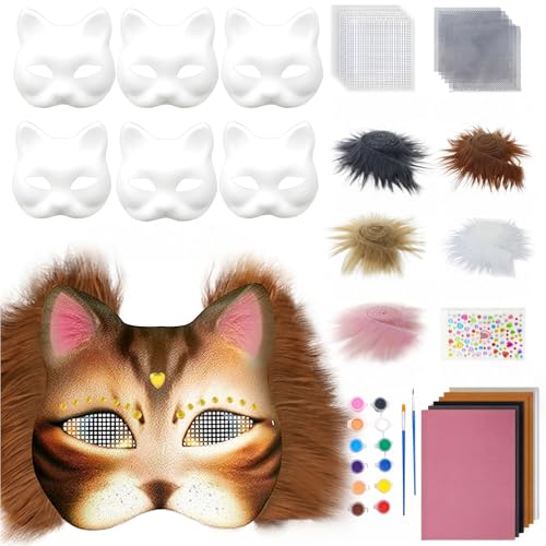 SHINROAD Kreative Maskerade Masque Diy Cat Kit 6pcs leere Masken für Handmalerei Pelz Augennetz Filzblätter Tierzubehör Carnival Cosplay Cat-themed Dunkelbraun von SHINROAD