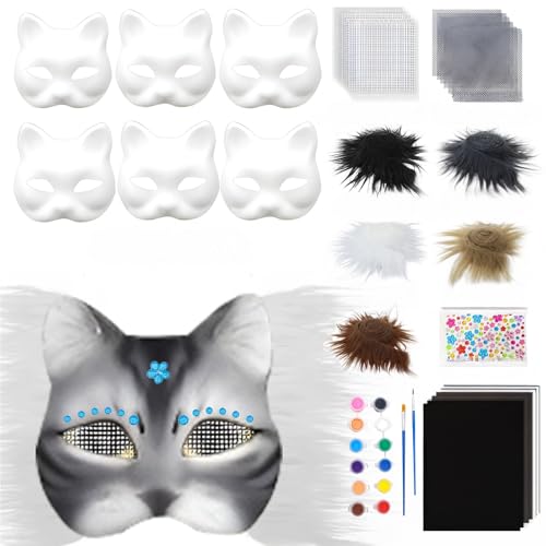 SHINROAD Kreative Maskerade Masque Diy Cat Kit 6pcs leere Masken für Handmalerei Pelz Augennetz Filzblätter Tierzubehör Carnival Cosplay Cat-themed Grau von SHINROAD