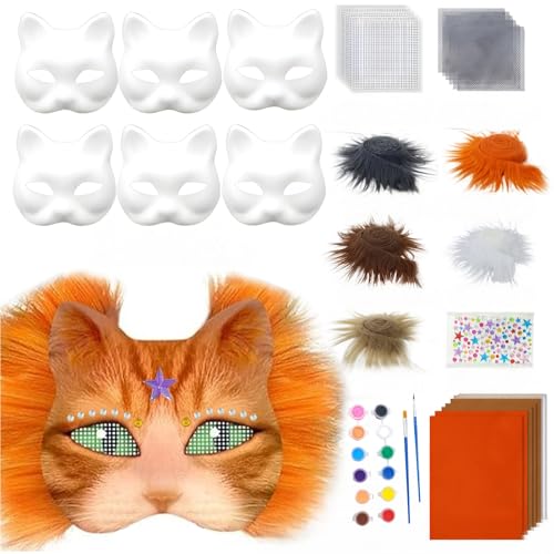 SHINROAD Kreative Maskerade Masque Diy Cat Kit 6pcs leere Masken für Handmalerei Pelz Augennetz Filzblätter Tierzubehör Carnival Cosplay Cat-themed Orange von SHINROAD