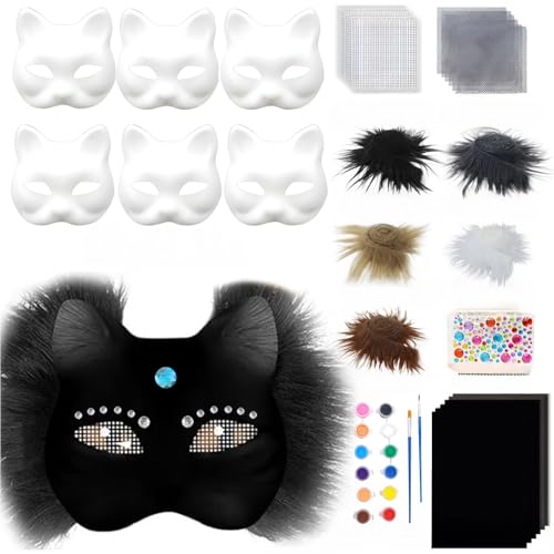 SHINROAD Kreative Maskerade Masque Diy Cat Kit 6pcs leere Masken für Handmalerei Pelz Augennetz Filzblätter Tierzubehör Carnival Cosplay Cat-themed Schwarz von SHINROAD