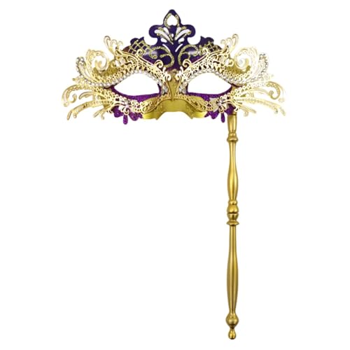 SHINROAD Masquerade Masque hell Farbe Fantastisches Metall mit Handheld Stick halb Gesicht Venezianer Strasssteine ​​für Männer Frauen idealer Prom Ball Mardi Gras lila Gold von SHINROAD