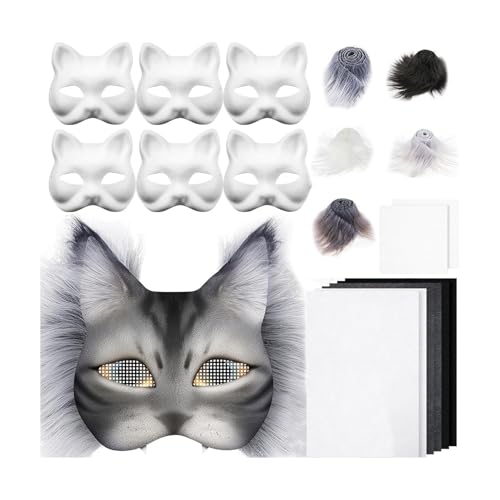SHINROAD Rollenspiel Gesichtsschutz 29pcs DIY Katze Kit mit Kunstfell Filztuch überstreichbare Hälfte für Halloween Karneval Rollenspiel Maskerade Partys Leicht H von SHINROAD