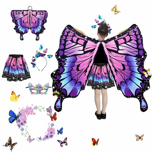 Schmetterling Sling Umhang für Kinder, 4 Pcs Schmetterlingsflügel für Mädchen Mit Schmetterlingsring Stirnband Kurzer Rock, Schmetterling Flügel Kostüm, Feenflügel Prinzessin Party Elfen (Rosa Lila) Schmetterling Sling Umhang für Kinder, 4 Pcs Schmetterlingsflügel für Mädchen Mit Schmetterlingsring Stirnband Kurzer Rock, Schmetterling Flügel Kostüm, Feenflügel Prinzessin Party Elfen (Rosa Lila) von SHINROAD