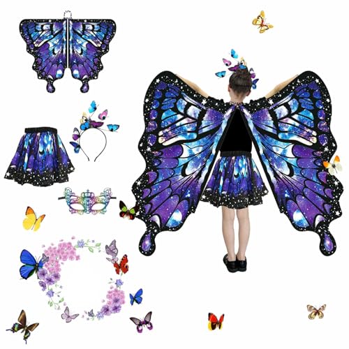 Schmetterling Sling Umhang für Kinder, 4 Pcs Schmetterlingsflügel für Mädchen Mit Schmetterlingsring Stirnband Kurzer Rock, Schmetterling Flügel Kostüm, Feenflügel Prinzessin Party Elfen (Weiß Lila) Schmetterling Sling Umhang für Kinder, 4 Pcs Schmetterlingsflügel für Mädchen Mit Schmetterlingsring Stirnband Kurzer Rock, Schmetterling Flügel Kostüm, Feenflügel Prinzessin Party Elfen (Weiß Lila) von SHINROAD