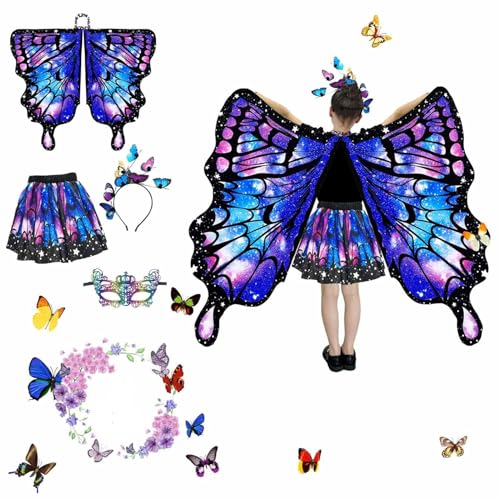 Schmetterling Sling Umhang für Kinder, 4 Pcs Schmetterlingsflügel für Mädchen Mit Schmetterlingsring Stirnband Kurzer Rock, Schmetterling Flügel Kostüm, Feenflügel Prinzessin Party Elfen (Blau) Schmetterling Sling Umhang für Kinder, 4 Pcs Schmetterlingsflügel für Mädchen Mit Schmetterlingsring Stirnband Kurzer Rock, Schmetterling Flügel Kostüm, Feenflügel Prinzessin Party Elfen (Blau) von SHINROAD