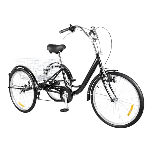 Dreirad für Erwachsene 3 Rad Fahrrad Dreirad mit Korb 6-Gang-Fahrrad Maximale Belastung 120kg für Erwachsene Senioren Boys Mädchen (Schwarz) von SHIOUCY