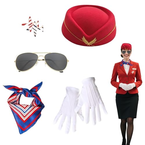 SHIQUAN Frauen Flugbegleiterin Kostüm Zubehör, Stewardess Kostüm Damen, Flight Attendant, mit Stewardessenmütze Handschuhe Sonnenbrille Fibeln (Rot) SHIQUAN Frauen Flugbegleiterin Kostüm Zubehör, Stewardess Kostüm Damen, Flight Attendant, mit Stewardessenmütze Handschuhe Sonnenbrille Fibeln (Rot) von SHIQUAN