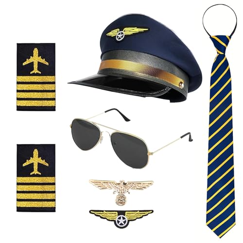 SHIQUAN Pilot Kapitän Kostüm Zubehör,Pilot Set Kapitän Fasching Karneval,Schulterklappen Streifen, Pilotenhut, Pilotenmütze, Abzeichen,Für Erwachsene Männer für Party Dress up (Blau) von SHIQUAN