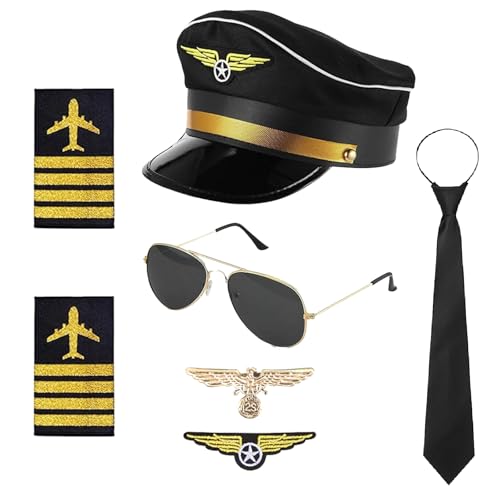 SHIQUAN Pilot Kapitän Kostüm Zubehör,Pilot Set Kapitän Fasching Karneval,Schulterklappen Streifen, Pilotenhut, Pilotenmütze, Abzeichen,Für Erwachsene Männer für Party Dress up von SHIQUAN