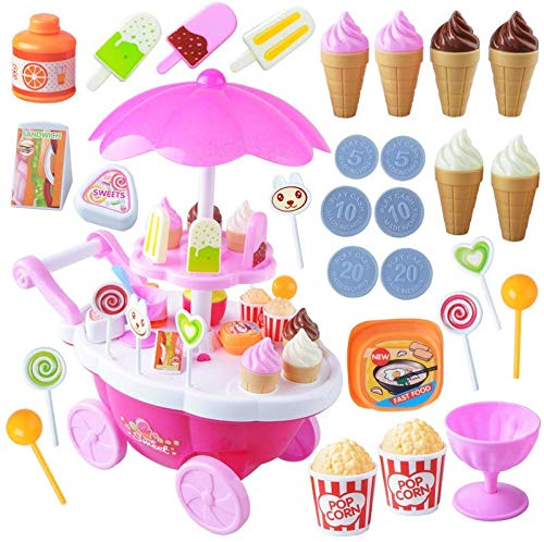Eiswagen 34-teiliges Spielzeug-Set für Essen, Dessert und Süßigkeiten, Spielzeug mit Musik und Beleuchtung, für Kinder und Mädchen von Pengcheng