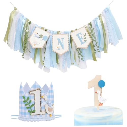 Dumme Gänsegeburtstagdekorationen, eine dumme Gänsegeburtstags -Dekor Junge, 80 Zoll Hochstuhl Banner mit Partyhut & Kuchen -Topper, 1. Dekorationen Junge von SHITOOMFE