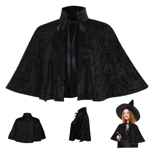 Mittelalterlicher Umhang schwarzes Umhang für Frauen, gotische lolita mittelalterliche Schal -Umhang mit Krawattengurt, Halloween weicher kurzes mittelalterliches Motorhaube für heidnisches Cosplay Mittelalterlicher Umhang schwarzes Umhang für Frauen, gotische lolita mittelalterliche Schal -Umhang mit Krawattengurt, Halloween weicher kurzes mittelalterliches Motorhaube für heidnisches Cosplay von SHITOOMFE