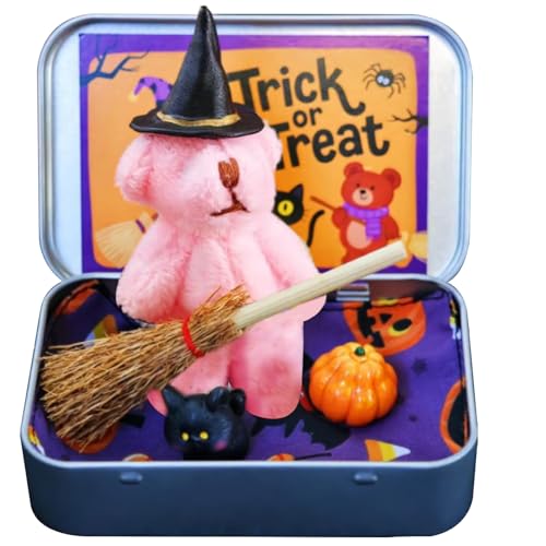 SHITOOMFE Halloween gefülltes Tier süßer Kleiner Bär in Einer Schachtel mit Hexenhut -Besen Kürbiskatze gemütlicher Plüsch Kleiner gefüllter Bär für Kinder Erwachsene von SHITOOMFE
