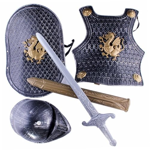 SHITOOMFE Knight -Rüstung, Knight Kostüm Kids 4pcs/Set Dragon Muster mittelalterliche Rüstung umfasst Helm, Schild, Schwert und, Kinder kleiden Kostüme für Rollenspiele, Cosplay, Halloween von SHITOOMFE