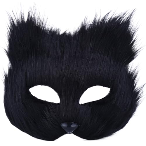 SHITOOMFE Therian Maske, Halbgesichtsfuchsmaske, atmungsaktive Tiermaske für erwachsene Kinder, weiches glattes Cosplay pelziger Kostüm für Maskerade Party Ostern schwarz pelzige Maske von SHITOOMFE