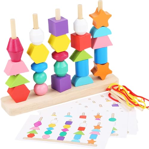 Schnürung Perlen Kleinkinder Feinmotorische Fähigkeiten Holzschnürung Perlen Sequencing Toy Set einschließlich 8pcs doppelseitige Musterkarten 2 Spitzen 10 Farben Perlen Stapelspielzeug Stapelspielze von SHITOOMFE