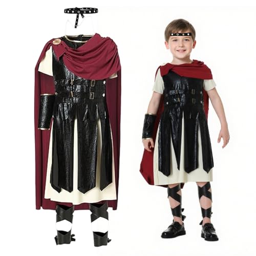 Soldat Kostüm für Jungen, römische Soldaten Kostümkinder, Cosplay für Jungen umfasst Stirnband, Kleid (einschließlich Cape), Ärmelabdeckung, Beingurte für Cosplay Halloween mittelalterliche Kleidung von SHITOOMFE