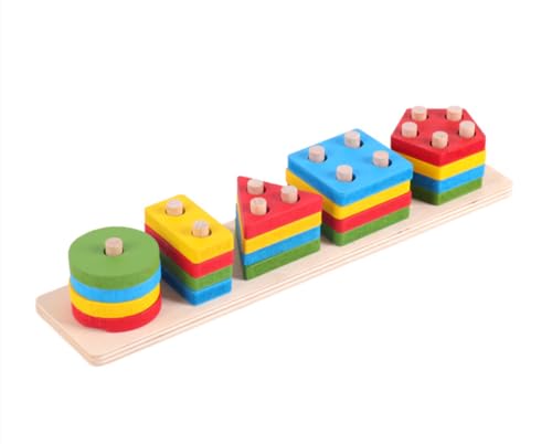 SHLWYG Geometrisches Formenset, Säulenspielzeug, Baustein-Lernspielzeug, Sortier- und Stapelspielzeug aus Holz – 20-teiliger geometrischer Bausatz von SHLWYG