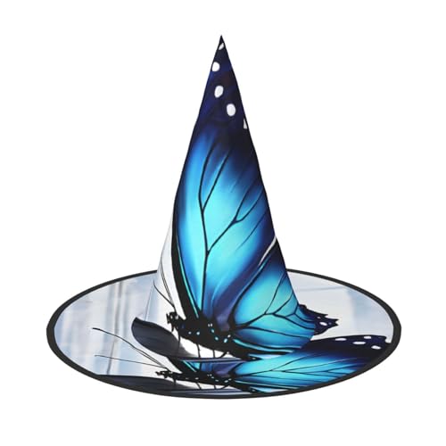 SHLXMDNZ Blauer Schmetterlings-Druck, Halloween, Hexenhut, Cosplay, für Frauen, Zaubererhut, Maskerade, Halloween-Partyzubehör von SHLXMDNZ
