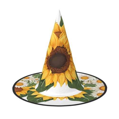 SHLXMDNZ Gelbe Sonnenblumen und weiße Blumen Druck Halloween Kegel Hexenhut Cosplay für Frauen Zauberer Hut Maskerade Halloween Party Zubehör von SHLXMDNZ