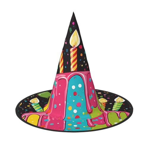 SHLXMDNZ Happy Birthday Big Cake Print Halloween Kegel Hexenhut Cosplay für Frauen Zauberer Hut Maskerade Halloween Party Zubehör von SHLXMDNZ