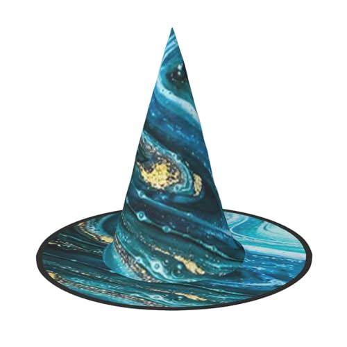 SHLXMDNZ Hexenhut mit Stein-Blau-Gold-Marmor-Druck, Halloween, Kegel, Hexenhut, Cosplay, für Frauen, Zaubererhut, Maskerade, Halloween-Party-Zubehör von SHLXMDNZ