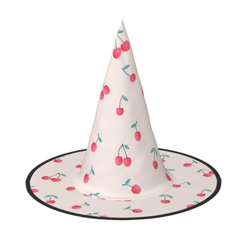 SHLXMDNZ Hübscher süßer roter Kirsch-Druck, Halloween, Hexenhut, Cosplay, für Frauen, Zaubererhut, Maskerade, Halloween-Party-Zubehör von SHLXMDNZ