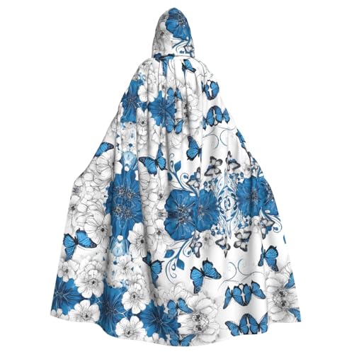 SHLXMDNZ Kapuzenumhang mit blauen Schmetterlingen, weißen Blumen, Unisex, Erwachsene, Halloween, Cosplay, für Männer und Frauen von SHLXMDNZ