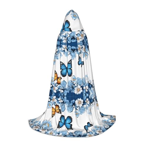 SHLXMDNZ Kapuzenumhang mit blauen Schmetterlingen und weißen Blumen für Teenager, perfekter Umhang für Halloween und Themenpartys SHLXMDNZ Kapuzenumhang mit blauen Schmetterlingen und weißen Blumen für Teenager, perfekter Umhang für Halloween und Themenpartys von SHLXMDNZ