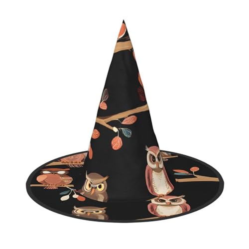 SHLXMDNZ Niedlicher brauner Cartoon-Eulen-Druck, Halloween, Hexenhut, Cosplay, für Frauen, Zaubererhut, Maskerade, Halloween-Partyzubehör von SHLXMDNZ
